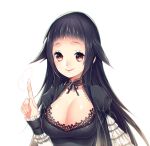  1girl black_hair breasts cleavage lace large_breasts long_hair mirunai original red_eyes simple_background smile white_background 