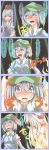  3girls 4koma :o bamboo bamboo_forest blood blush comic expressive_clothes female forest fujiwara_no_mokou hat highres kamishirasawa_keine kawashiro_nitori long_hair long_image looking_back multiple_girls nature nose_blush outdoors plant ribbon shuga_(soranote) surprised talking tall_image text touhou translated upper_body very_long_hair 