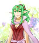  1girl breasts cape chiki dress fire_emblem fire_emblem:_kakusei green_eyes green_hair hair_ornament hair_ribbon jewelry long_hair neckalce necklace nintendo older pointy_ears ponytail ribbon sash side_slit smile solo ykmhk 