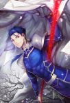  1boy bad_id blue_hair cape cloak danhu earrings fate/stay_night fate_(series) gae_bolg jewelry kawells lancer long_hair male_focus polearm ponytail red_eyes solo spear weapon 