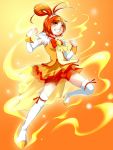  1girl bike_shorts boots bow bowtie brooch choker clenched_hands cure_sunny dress fire foreshortening hair_bun highres hino_akane_(smile_precure!) jewelry magical_girl nakoshe orange_background orange_dress orange_hair orange_skirt precure red_eyes short_hair shorts_under_skirt skirt smile smile_precure! solo thigh-highs thigh_boots 