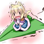  1girl animal_ears blonde_hair blush cat_ears cat_tail chibi fang female gradient gradient_background hoshizuki_(seigetsu) long_sleeves mizuhashi_parsee open_mouth paper_airplane puru-see short_hair solo tail touhou trembling vest |_| 