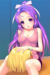  1girl breasts large_breasts long_hair lowres open_mouth purple_hair shorts sitting sword_girls tank_top violet_eyes wristband 