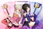  2girls b.ren black_hair boots fate/kaleid_liner_prisma_illya fate_(series) feathers hair_feathers hand_holding illyasviel_von_einzbern kaleidostick long_hair magical_girl magical_sapphire miyu_edelfelt multiple_girls pink_boots prisma_illya red_eyes silver_hair thigh-highs wand white_hair yellow_eyes 