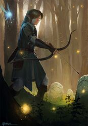  1boy blonde_hair blue_eyes bow_(weapon) brown_hair fairy forest giacomo light_particles link nature navi nintendo signature the_legend_of_zelda the_legend_of_zelda:_ocarina_of_time tree weapon 