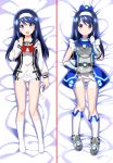  1girl :o blue_eyes blue_hair boots dakimakura futaba_aoi_(vividred_operation) hairband hat highres kneehighs long_hair lying multiple_views okina_ika on_back open_mouth palette_suit school_uniform short_shorts shorts vividred_operation white_legwear 