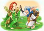  1girl animal_ears armor arrow artist_request backpack bag barefoot cape clevage_cutout defense_of_the_ancients dota_2 grass green_scarf leggings lyralei meepo quiver redhead rock scarf shoulder_pads shovel smile tail toeless_socks worktool 