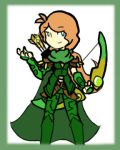  1girl armor arrow artist_request border bow_(weapon) bw cape defense_of_the_ancients dota_2 green_scarf green_shoes leggings long_hair lowres lyralei ponytail quiver redhead scarf shoes simple_background smile solo weapon 