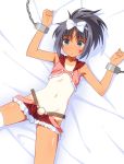  1girl bed_sheet black_eyes black_hair bound bow chains facial_mark flat_chest hair_bow hip_vent kunihiro_hajime lying midriff miniskirt navel on_back ponytail revealing_clothes saki short_hair skirt solo star tan tanline tattoo tied_up umekichi 