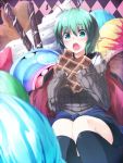  1girl antennae blush candy cape eating female food green_eyes green_hair highres ibuki_notsu ice_cream open_mouth ribbed_sweater short_hair shorts sitting solo sweater touhou waffle waffle_(food) wriggle_nightbug 