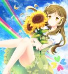  1girl brown_hair dress flower hair_ornament hairclip kokuro legs long_hair rainbow shinomiya_himawari solo sunflower vividred_operation yellow_eyes 