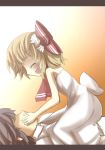  1boy 1girl :d bare_shoulders blonde_hair blush closed_eyes dress faceless faceless_male gaoo_(frpjx283) girl_on_top hetero highres open_mouth poorly_drawn ribbon rumia short_hair smile touhou wedding_dress white_dress 