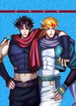  2boys abs arm_around_shoulder bad_id battle_tendency black_hair blonde_hair blue_eyes blue_jacket caesar_anthonio_zeppeli crop_top cropped_jacket facial_mark feathers fingerless_gloves gloves green_eyes hair_feathers hand_on_hip headband highres jacket jojo_no_kimyou_na_bouken joseph_joestar_(young) male_focus midriff mingou91 multiple_boys muscle red_scarf scarf smile white_pants 