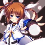  1girl blue_eyes brown_hair fingerless_gloves gloves hair_ribbon long_sleeves lowres lyrical_nanoha magical_girl mahou_shoujo_lyrical_nanoha mahou_shoujo_lyrical_nanoha_the_movie_1st open_mouth raiou ribbon short_twintails solo takamachi_nanoha twintails white_devil 