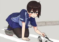  bird black_legwear blue_skirt blush breasts brown_eyes brown_hair huge_breasts kaga_(kantai_collection) kantai_collection kneeling lawson name_tag shijukara_(great_tit) side_ponytail sidewalk skirt thigh-highs tsurime 