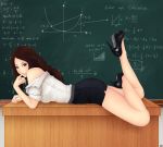  1girl bare_shoulders black_eyes brown_hair chalkboard finger_to_mouth formal high_heels highres khalitzburg legs long_hair lying miniskirt off_shoulder on_stomach original pencil_skirt shirt shoes shoulders skirt suit table teacher 