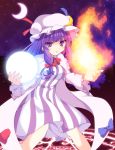  1girl capelet crescent crescent_moon cross_(crossryou) dress energy_ball female fire hat highres long_hair moon night open_mouth patchouli_knowledge purple_hair ribbon solo touhou violet_eyes 
