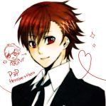  1boy atlus brown_hair dress_shirt female_protagonist_(persona_3) genderswap hair_ornament hairclip heart heart_of_string okitdo open_mouth persona persona_3 persona_3_portable red_eyes school_uniform shirt smile solo sparkle upper_body 