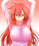  1girl arms_up blush breasts large_breasts long_hair original red_eyes redhead ribbed_sweater smile solo sweater upper_body watarui 
