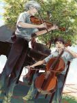  2boys a10 brown_hair cello dutch_angle grand_piano ikari_shinji instrument male multiple_boys nagisa_kaworu neon_genesis_evangelion piano realistic smile tegaki tree violin white_hair 