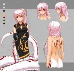  1girl ass back breasts character_sheet china_dress chinese_clothes cleavage dimples_of_venus dress gloves lamia long_hair midnight_(artist) midnight_(banyex) monster_girl pixiv_fantasia pixiv_fantasia_new_world red_eyes scar smile solo tail tattoo 