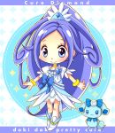  1girl blue blue_bow blue_eyes blue_hair bow bracelet character_name chibi choker copyright_name cure_diamond curly_hair dokidoki!_precure dress earrings eyelashes full_body hishikawa_rikka hiyopuko jewelry long_hair magical_girl ponytail precure rakeru_(dokidoki!_precure) ribbon shoes smile 