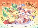  10s battle chibi creature fangs leafeon no_humans one_eye_closed open_mouth paws poke_ball pokemon pokemon_(creature) pokemon_(game) pokemon_xy pote_(ptkan) scratching sylveon wink 