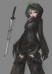  1girl arceonn belt chaps detached_pants gloves green_hair hood hoodie original scarf shorts solo sword violet_eyes weapon 