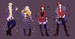  2boys 2girls argyle argyle_legwear blonde_hair blue_eyes boots brown_hair caesar_anthonio_zeppeli contemporary dkaki dual_persona facial_mark feathers fingerless_gloves genderswap gloves green_eyes hair_feathers hat highres jojo_no_kimyou_na_bouken joseph_joestar joseph_joestar_(young) long_hair multiple_boys multiple_girls multiple_persona pantyhose scarf sweater thigh-highs thigh_boots 