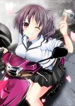  1girl breasts card cherry_blossoms drivers_license grin ground_vehicle id_card kiki_(koikuchikinako) large_breasts long_hair motor_vehicle motorcycle one_eye_closed original petals ponytail red_eyes school_uniform skirt sleeves_pushed_up smile solo vehicle wink 
