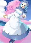  1boy 1girl blue_eyes blue_hair clouds dress hood jewelry kumoi_ichirin long_dress naka_akira open_mouth ring short_hair smile touhou unzan 