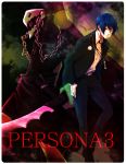  1boy arisato_minato atlus blue_eyes blue_hair chains digital_media_player hair_over_one_eye headphones male_focus persona persona_3 school_uniform short_hair solo thanatos uniform weapon yuuki_makoto 