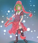  1girl black_legwear blush boots bow closed_eyes cross-laced_footwear female front_ponytail green_hair kagiyama_hina knee_boots lace lace-trimmed_ribbon lace-up_boots magical_ondine ribbon short_sleeves skirt skirt_lift snowing solo thigh-highs touhou 