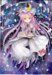 1girl artist_name book crescent female hat long_hair mosho patchouli_knowledge purple_hair ribbon solo touhou traditional_media violet_eyes watercolor_(medium) 