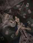  2girls alice:_madness_returns alice_(wonderland) alice_in_wonderland american_mcgee&#039;s_alice black_hair blood card dual_persona green_eyes knife lying mochikko_(cocoa0101) multiple_girls white_hair 