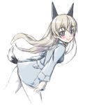  1girl animal_ears blush eila_ilmatar_juutilainen long_hair military military_uniform pantyhose silver_hair smile solo strike_witches tail uniform violet_eyes white_legwear yuki_usagi 