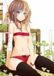  1girl bandage bare_shoulders black_legwear blush bow bow_panties brown_eyes brown_hair clover highres koko_shiguma looking_at_viewer midriff navel original panties red_panties sitting solo strapless thigh-highs tubetop underwear wariza wristband 