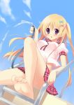  1girl barefoot blonde_hair blush feet hose long_hair original skirt soles solo toes violet_eyes yuyumatsu 