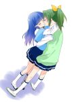  2girls aoki_reika blue_hair blush green_hair hug kneehighs long_hair midorikawa_nao multiple_girls mutual_yuri ooshima_tomo ponytail precure school_uniform shoes short_hair smile smile_precure! sweater_vest uwabaki white_legwear yuri 