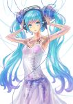  1girl android aqua_eyes aqua_hair armpits arms_up denki dress hands_on_headphones hatsune_miku headphones long_hair panties see-through simple_background skeleton solo striped striped_panties twintails underwear very_long_hair vocaloid white_background 
