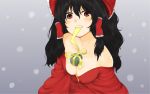  1girl bare_shoulders between_breasts black_hair blush bow breasts cleavage female gift hair_bow hair_tubes hakurei_reimu japanese_clothes kimono morodashi mouth_hold off_shoulder red_eyes ribbon snowing solo touhou 