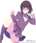  1girl 3: blazer clenched_hand glasses jacket kneehighs leg_up loafers nagisa_kurousagi original panties pantyshot red-framed_eyewear red-framed_glasses ribbon school_uniform semi-rimless_glasses shoes short_hair skirt solo spread_legs under-rim_glasses underwear upskirt 