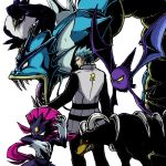  00s 1boy akagi_(pokemon) back blue_hair crobat fangs gyarados honchkrow houndoom nitorou open_mouth pokemon pokemon_(game) pokemon_dppt simple_background standing team_galactic tongue weavile white_background 