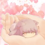  1girl animal_ears blush bow cat_ears cat_tail catchouli chibi female hair_bow hands hazuki_ruu heart heart_background kemonomimi_mode looking_at_viewer minigirl patchouli_knowledge purple_hair simple_background solo tail touhou violet_eyes 