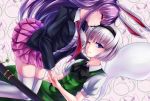  2girls animal_ears blue_eyes blush closed_eyes dedeyong female hairband katana konpaku_youmu konpaku_youmu_(ghost) long_hair looking_at_viewer multiple_girls necktie one_eye_closed purple_hair rabbit_ears red_necktie reisen_udongein_inaba silver_hair skirt smile sword thigh-highs touhou weapon white_legwear wink yuri zettai_ryouiki 