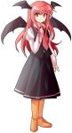  1girl alphes_(style) boots dairi female full_body hand_on_own_chest head_wings koakuma long_hair long_sleeves looking_at_viewer necktie parody red_eyes redhead simple_background skirt smile solo standing style_parody touhou transparent_background vest wings 
