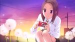  1girl brown_hair camera dandelion flower game_cg kodou_shiina memories_off memories_off_yubikiri_no_kioku sunset 