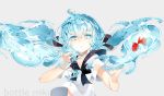  1girl :&lt; bad_id blue_eyes blue_hair bottle_miku character_name fish hatsune_miku liquid_hair long_hair rooseputo_02 school_uniform serafuku simple_background solo twintails very_long_hair vocaloid water 