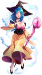  1girl :d apple972 bare_shoulders blue_eyes blue_hair breasts detached_sleeves dress full_body hand_on_own_chest hat highres inzup large_breasts long_hair long_skirt looking_at_viewer magi_the_labyrinth_of_magic open_mouth shell shell_bikini skirt smile solo staff water wide_sleeves witch_hat yamuraiha 