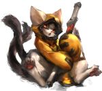  animal_hood arc_system_works blazblue cat cat_hood cat_tail hood jubei_(blazblue) multiple_tails no_humans red_eyes sheath sheathed solo tail weapon yadori_(frousol) 